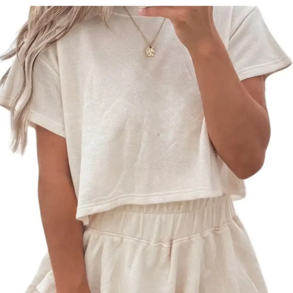 Tan Cropped Tee and Ruffle High Waist Skort Set Size Large NIP